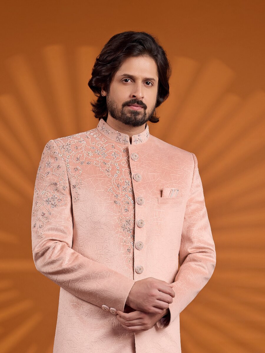 Pink Velvet Embroidered Computer Thread work Wedding Party Festival Groom Sherwani