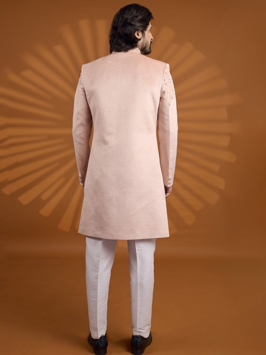 Pink Velvet Embroidered Computer Thread work Wedding Party Festival Groom Sherwani