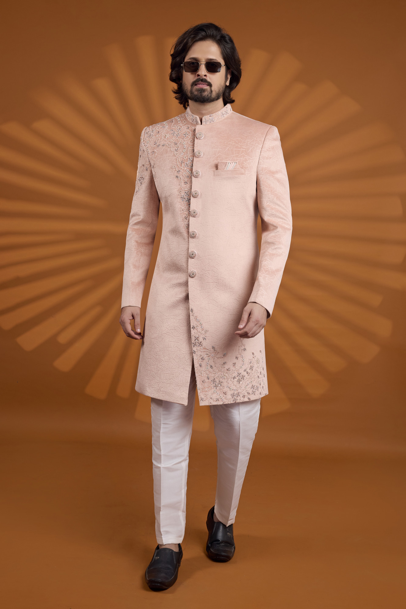 Pink Velvet Embroidered Computer Thread work Wedding Party Festival Groom Sherwani