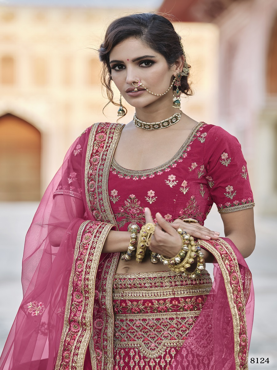 Pink Velvet Embroidery Bridal Wedding Traditional Lehenga Choli