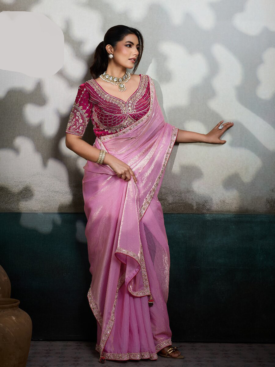 Pink Velvet Satin Embroidery Sequins Zari Wedding Reception Party Festival Casual Heavy Border Sarees