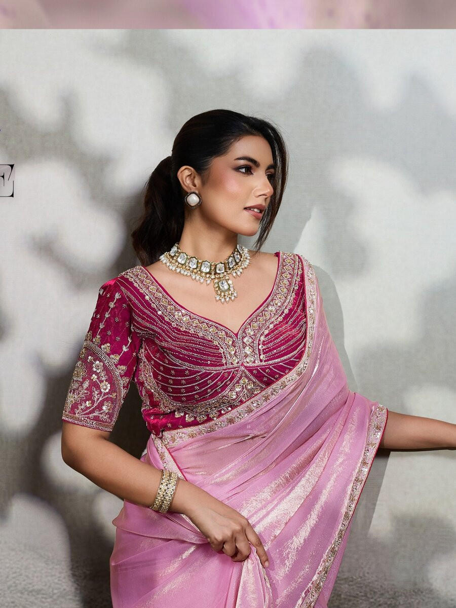 Pink Velvet Satin Embroidery Sequins Zari Wedding Reception Party Festival Casual Heavy Border Sarees