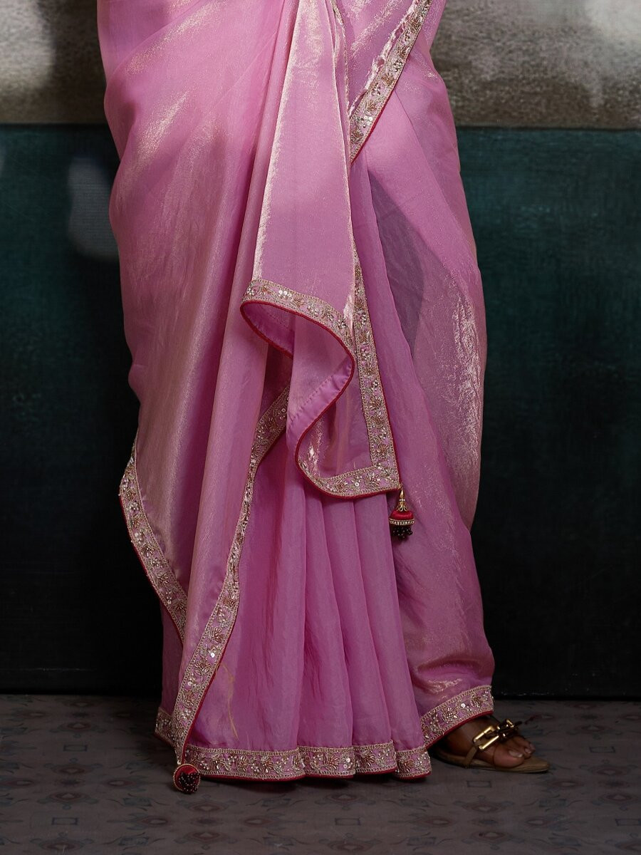 Pink Velvet Satin Embroidery Sequins Zari Wedding Reception Party Festival Casual Heavy Border Sarees