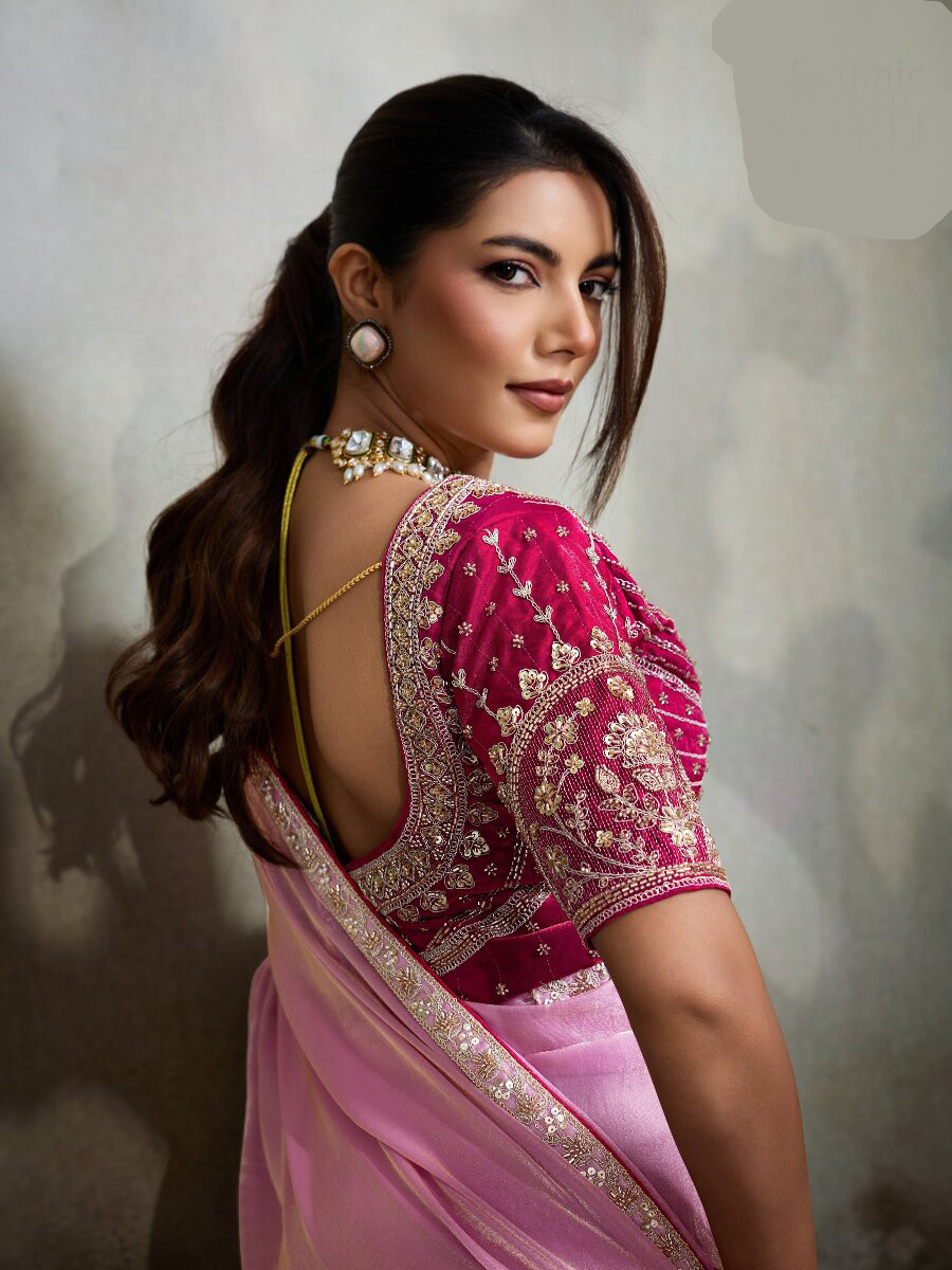 Pink Velvet Satin Embroidery Sequins Zari Wedding Reception Party Festival Casual Heavy Border Sarees