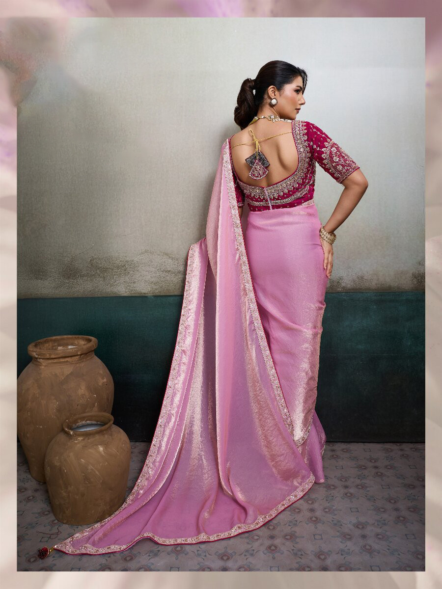Pink Velvet Satin Embroidery Sequins Zari Wedding Reception Party Festival Casual Heavy Border Sarees