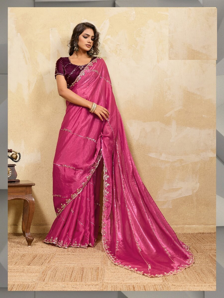 Pink Velvet Satin Sequins Wedding Reception Festival Party Heavy Border Sarees