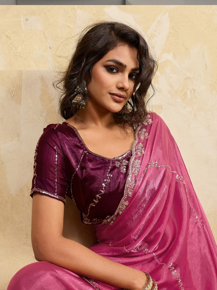 Pink Velvet Satin Sequins Wedding Reception Festival Party Heavy Border Sarees