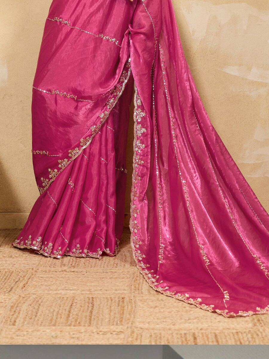 Pink Velvet Satin Sequins Wedding Reception Festival Party Heavy Border Sarees