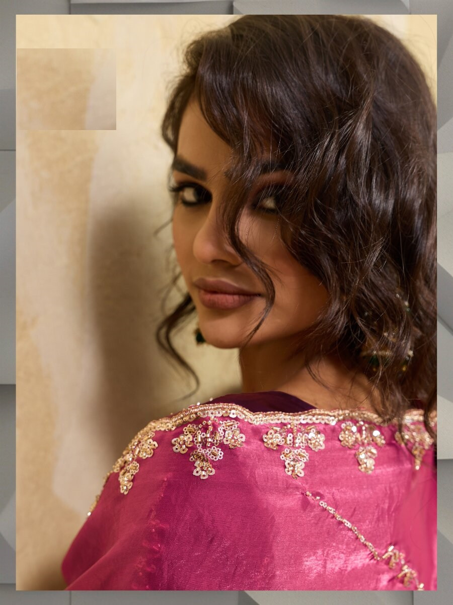 Pink Velvet Satin Sequins Wedding Reception Festival Party Heavy Border Sarees