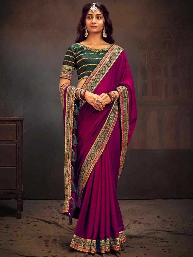 Pink Vichitra Silk Embroidered Bridesmaid Reception Heavy Border Saree