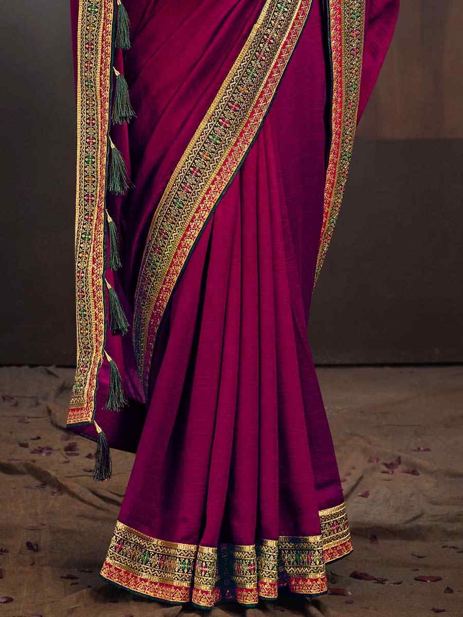 Pink Vichitra Silk Embroidered Bridesmaid Reception Heavy Border Saree
