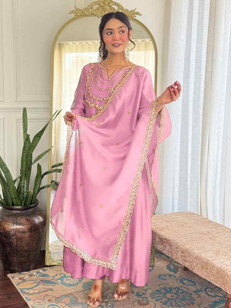 Pink Vichitra Silk Embroidered Festival Mehendi Ready Pant Salwar Kameez