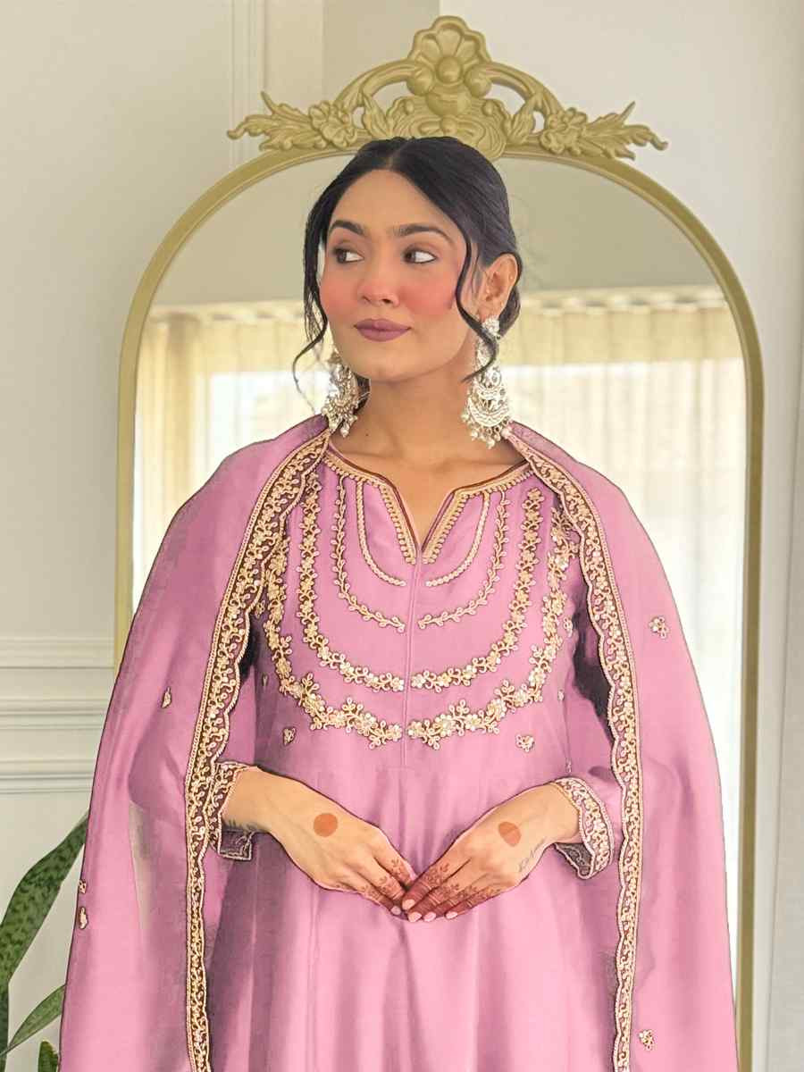 Pink Vichitra Silk Embroidered Festival Mehendi Ready Pant Salwar Kameez