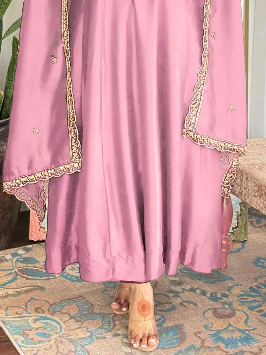 Pink Vichitra Silk Embroidered Festival Mehendi Ready Pant Salwar Kameez