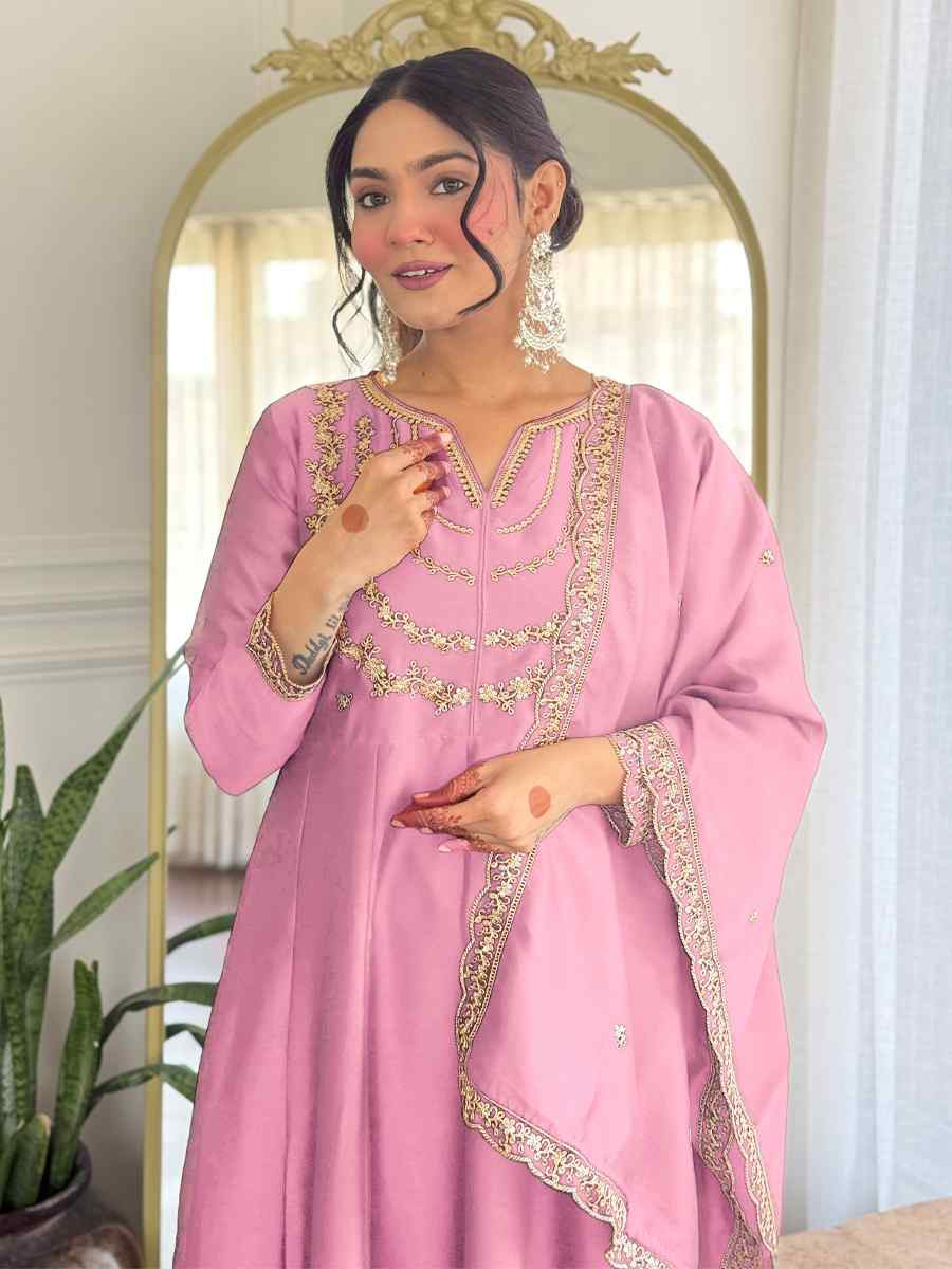 Pink Vichitra Silk Embroidered Festival Mehendi Ready Pant Salwar Kameez