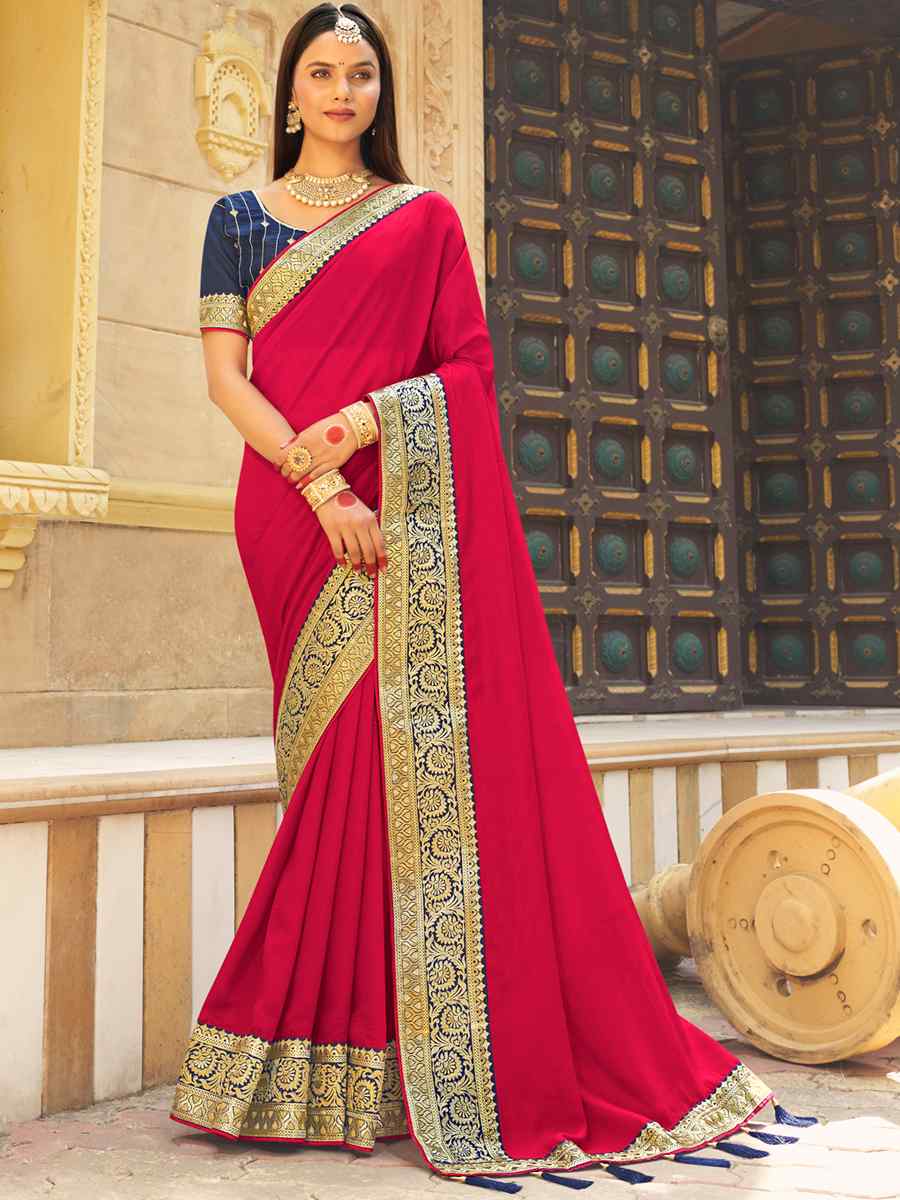 Pink Vichitra Silk Embroidered Party Reception Heavy Border Saree