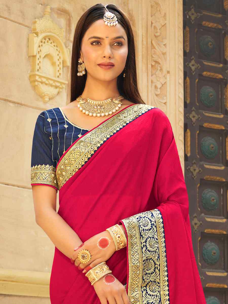 Pink Vichitra Silk Embroidered Party Reception Heavy Border Saree