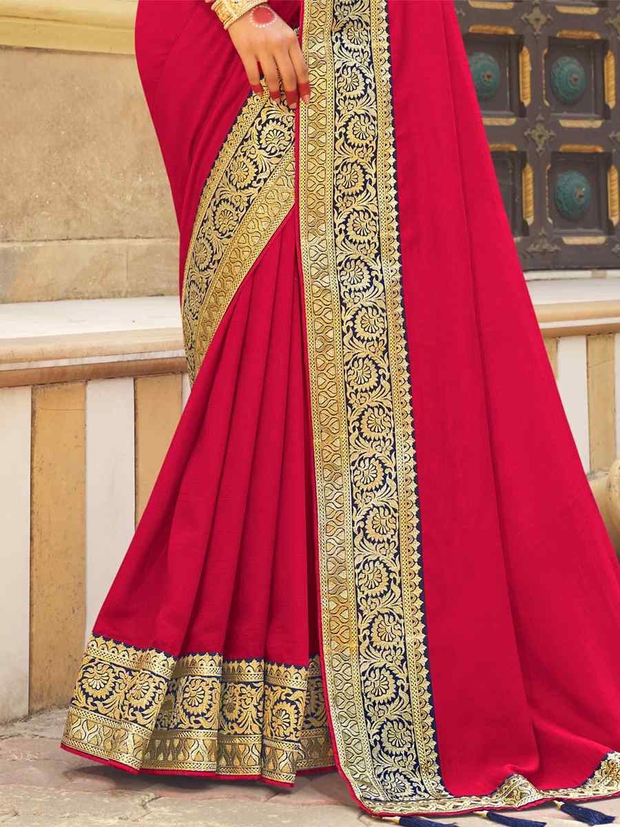 Pink Vichitra Silk Embroidered Party Reception Heavy Border Saree