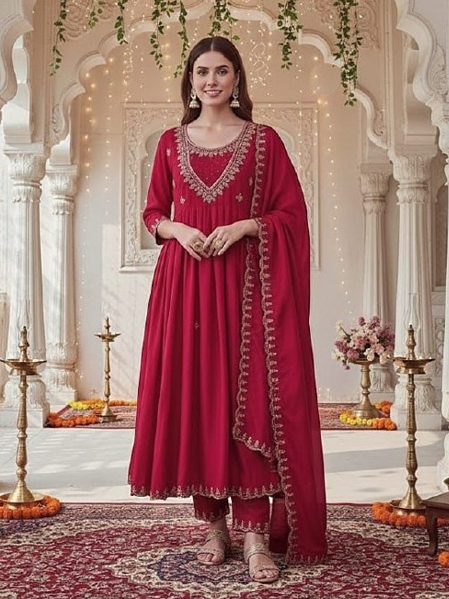 Pink Vichitra Silk Embroidery Party Wedding Festival Party Ready Anarkali Pant Salwar Kameez