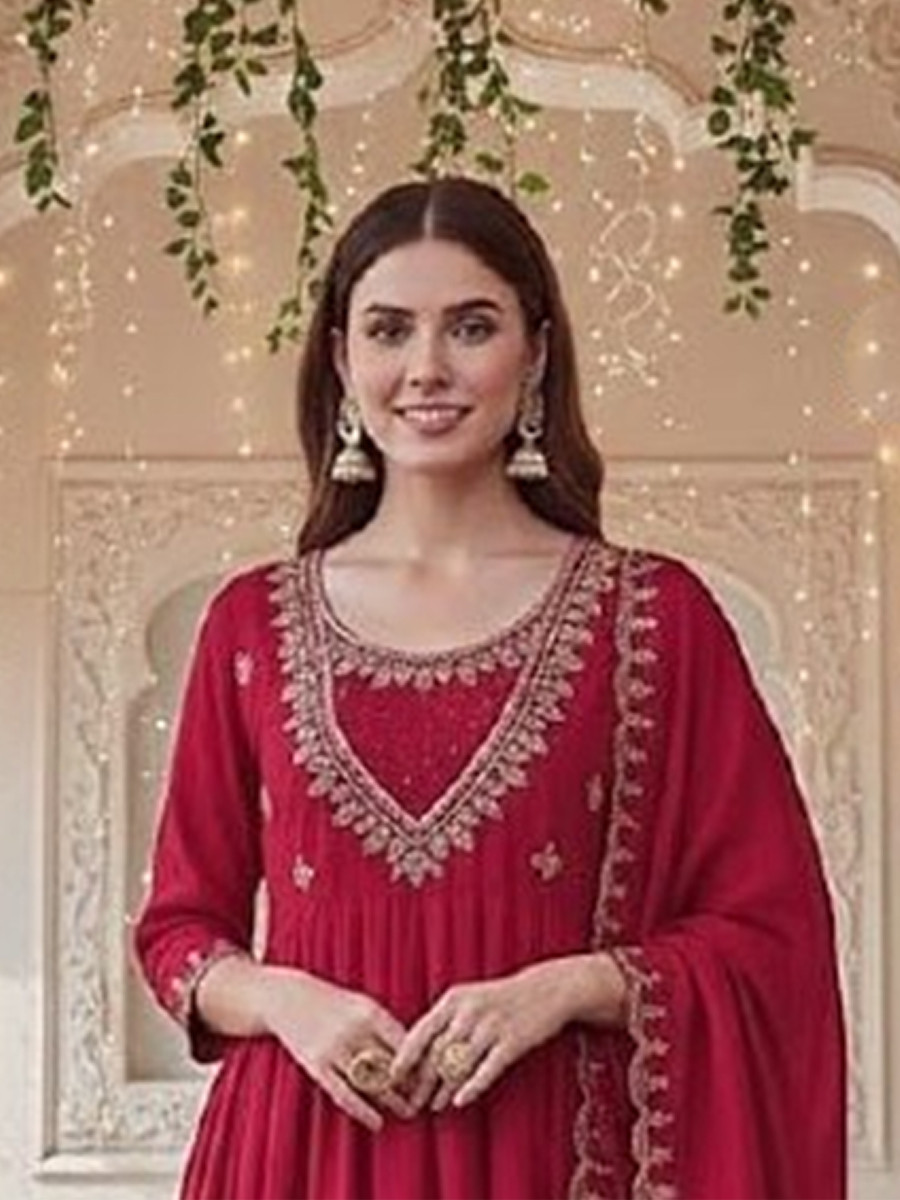Pink Vichitra Silk Embroidery Party Wedding Festival Party Ready Anarkali Pant Salwar Kameez