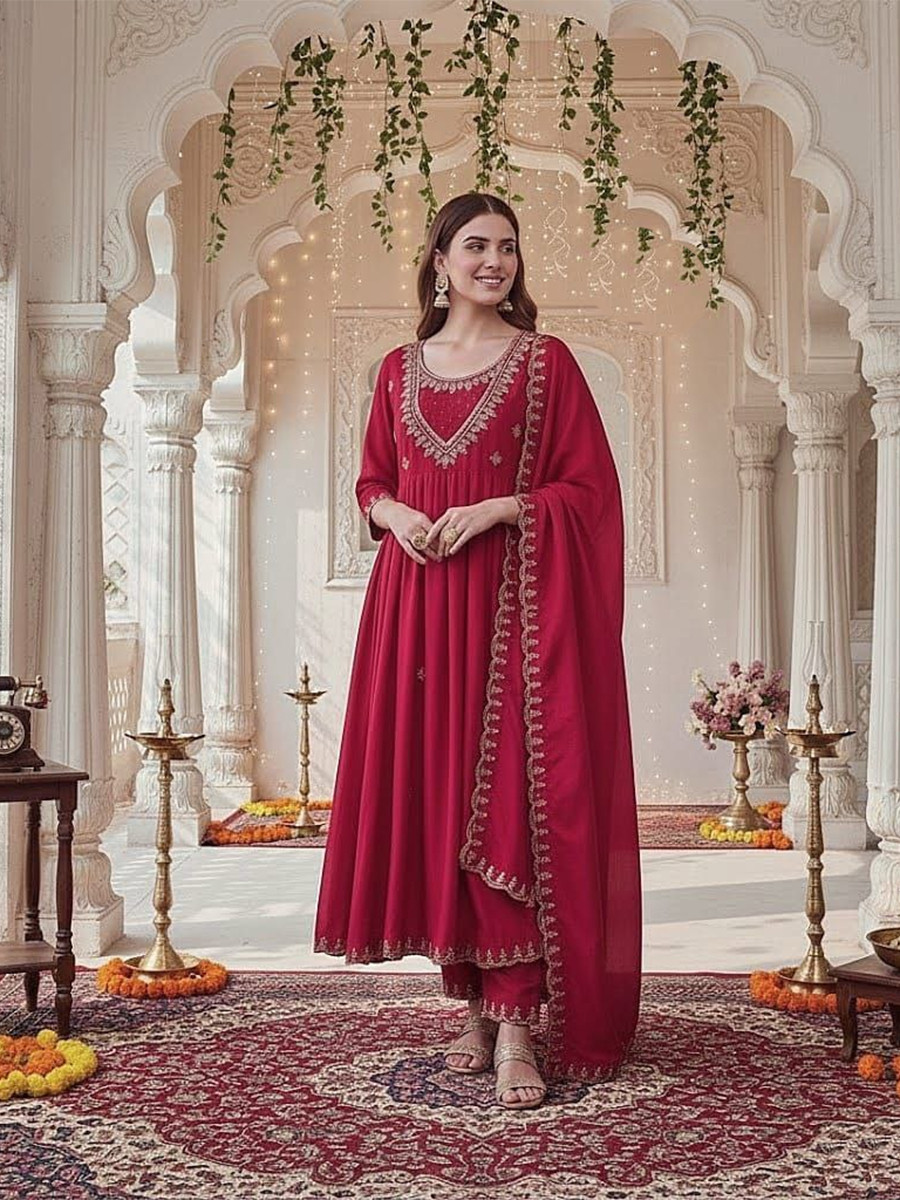 Pink Vichitra Silk Embroidery Party Wedding Festival Party Ready Anarkali Pant Salwar Kameez