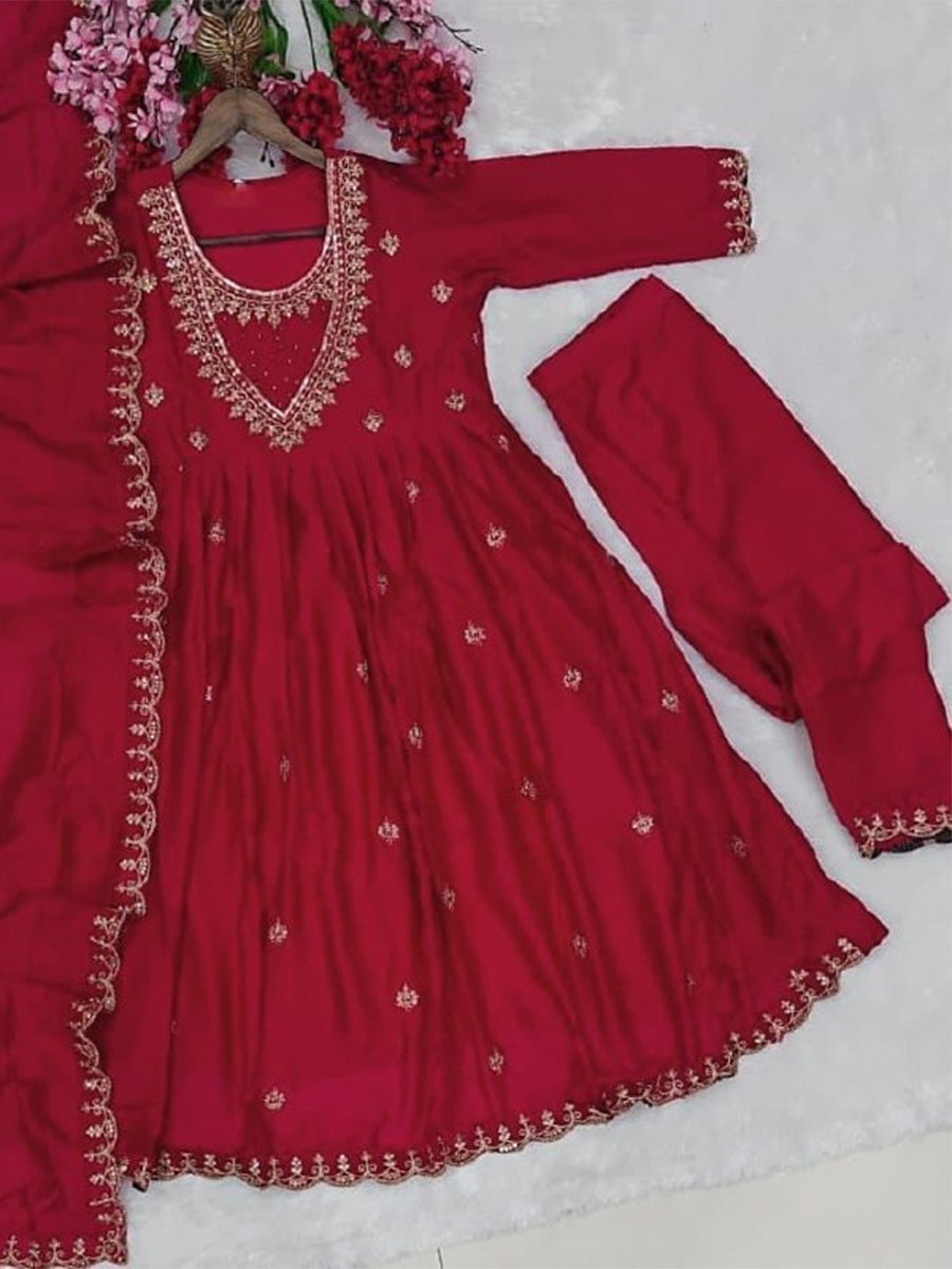 Pink Vichitra Silk Embroidery Party Wedding Festival Party Ready Anarkali Pant Salwar Kameez