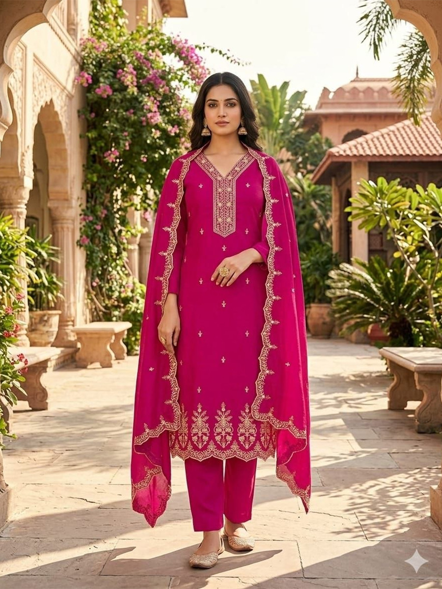 Pink Vichitra Silk Embroidery Wedding Party Festival Casual Pant Salwar Kameez