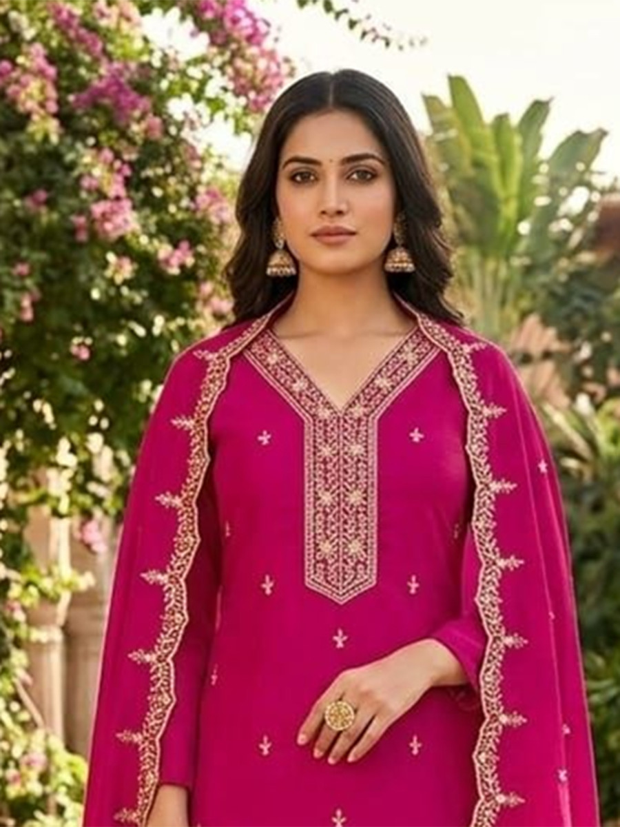 Pink Vichitra Silk Embroidery Wedding Party Festival Casual Pant Salwar Kameez
