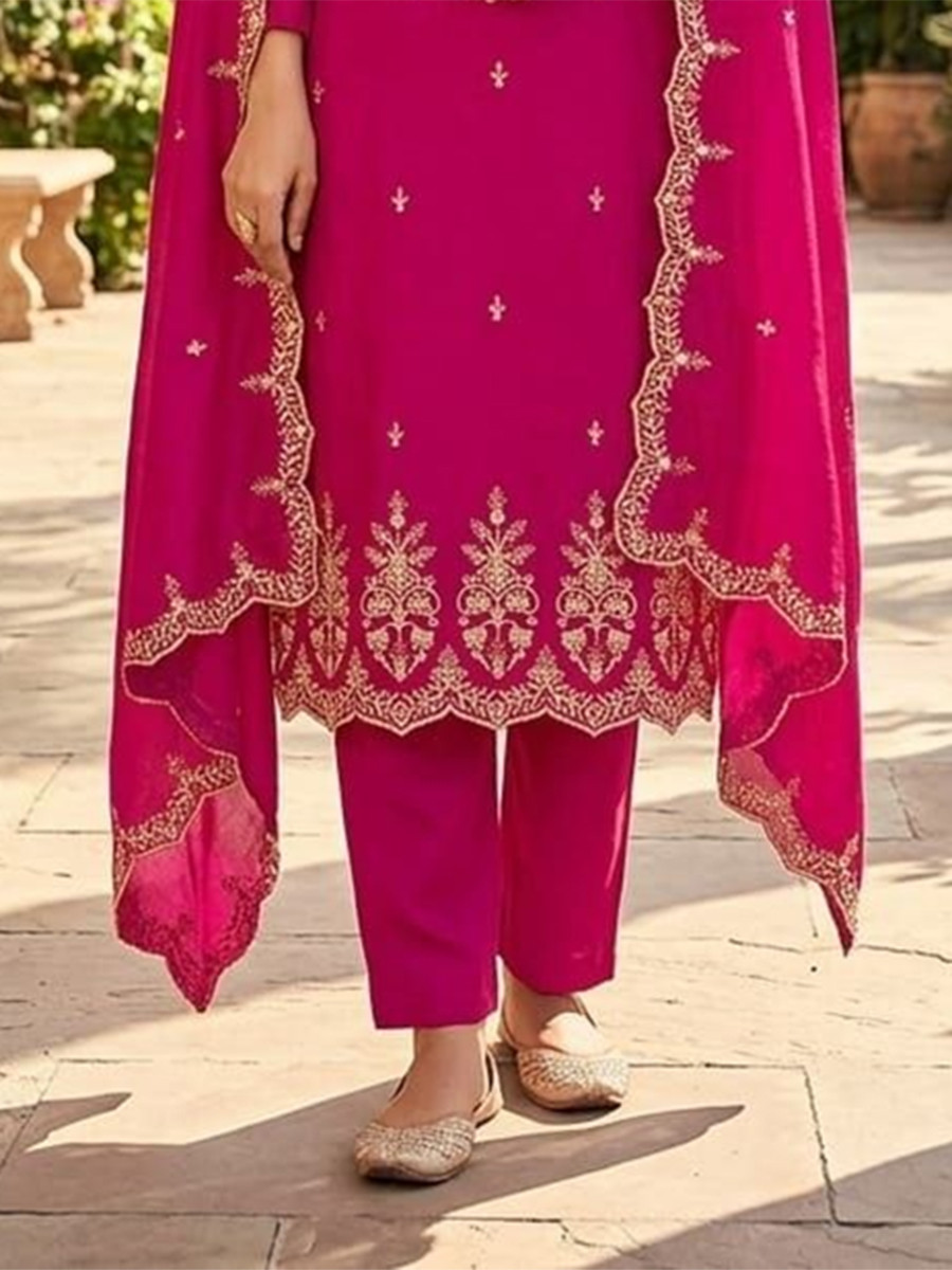 Pink Vichitra Silk Embroidery Wedding Party Festival Casual Pant Salwar Kameez