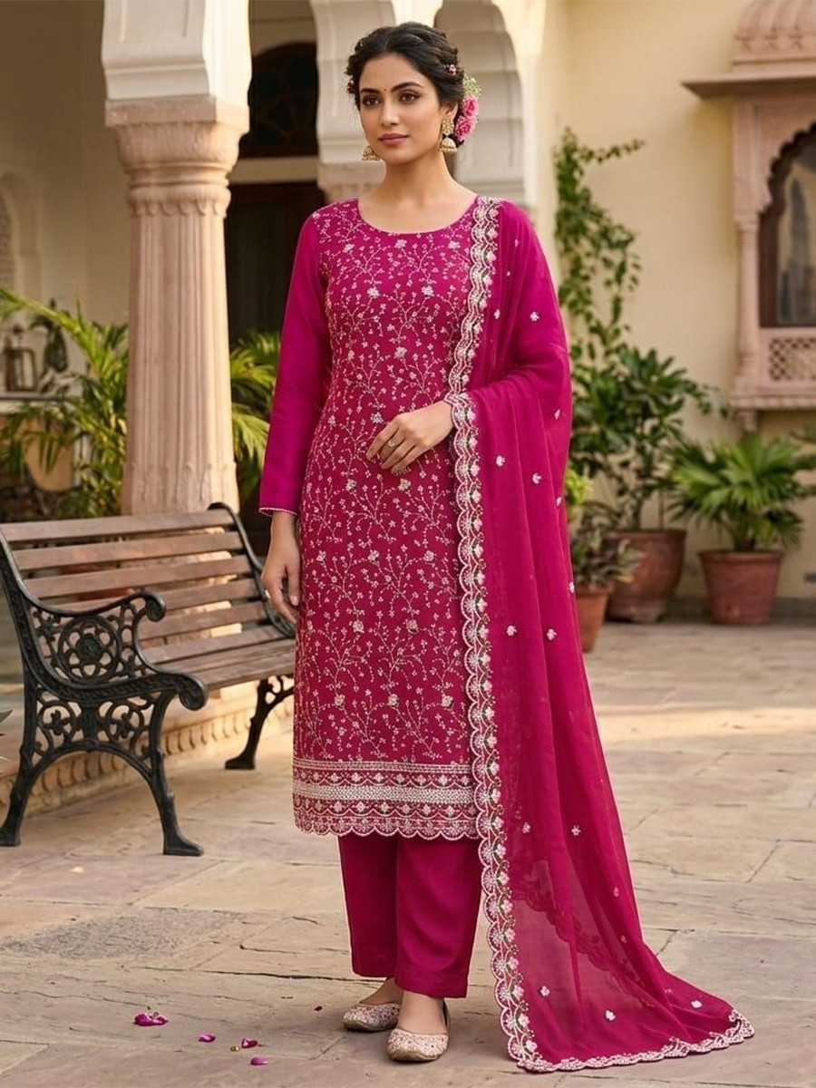 Pink Vichitra Silk Embroidery Wedding Party Festival Casual Pant Salwar Kameez