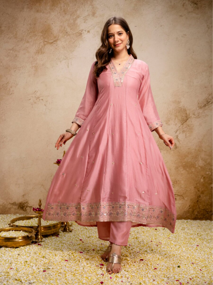 Image of Pink Vichitra Silk Embroidery Wedding Party Festival Casual Ready Palazzo Pant Salwar Kameez