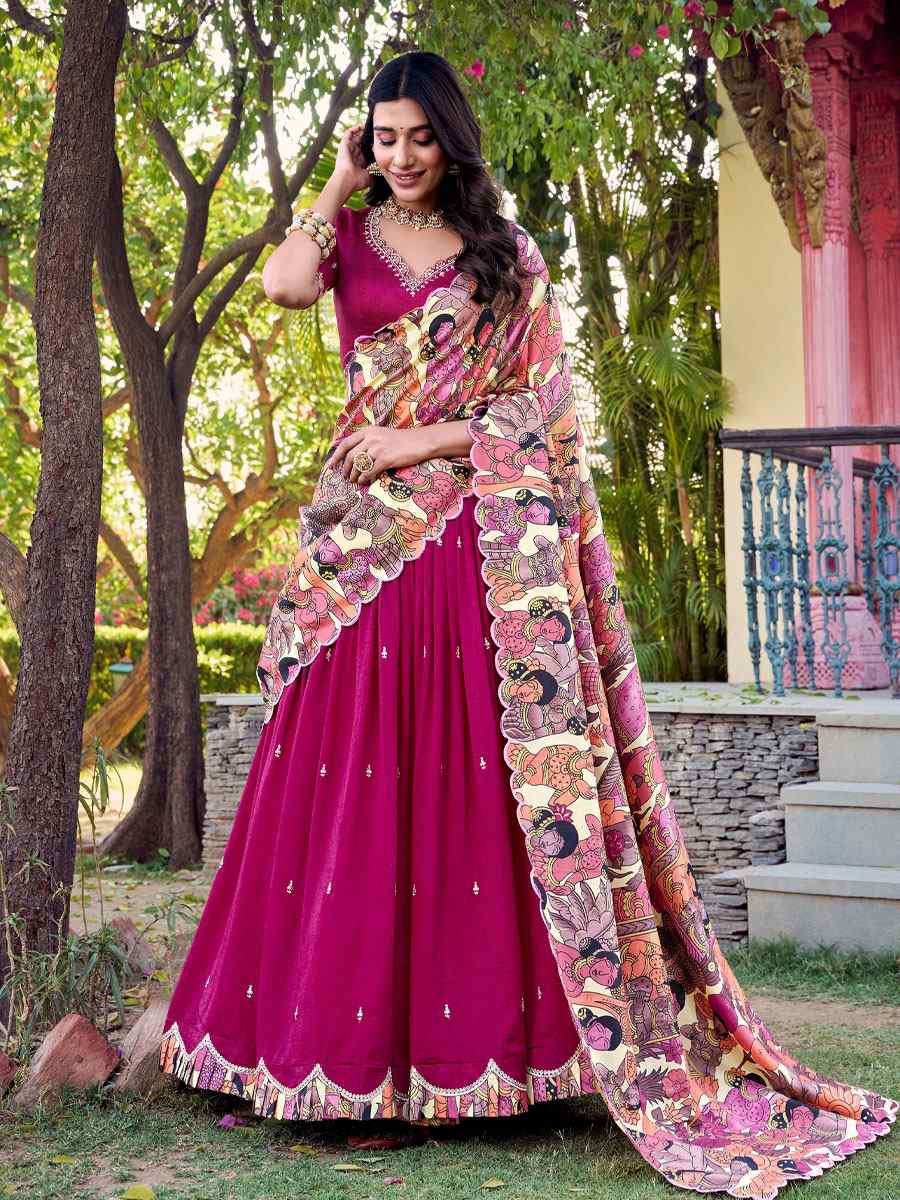 Pink Vichitra Silk Printed And Hand Embroidered Party Reception Wedding Lehenga Choli