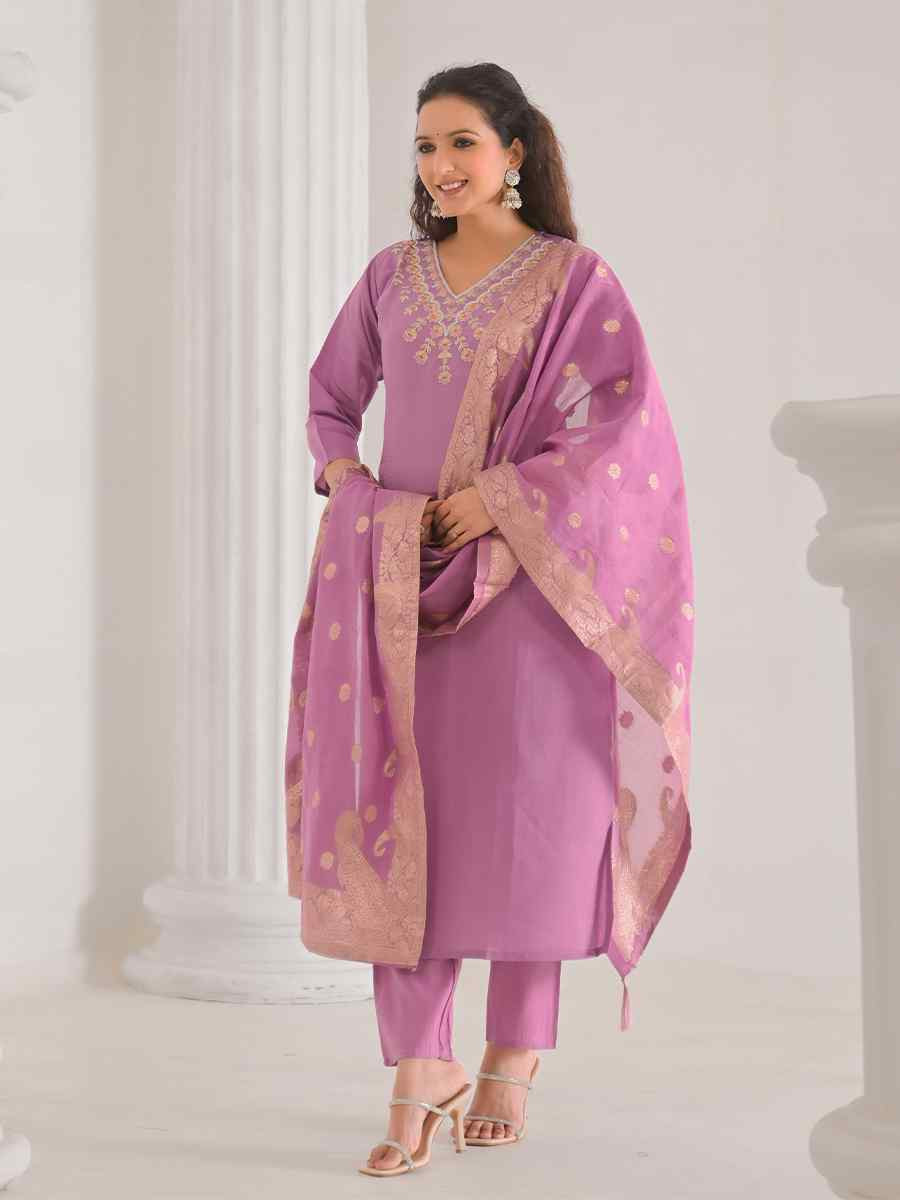Pink Viscose Chanderi Embroidered Festival Casual Ready Pant Salwar Kameez