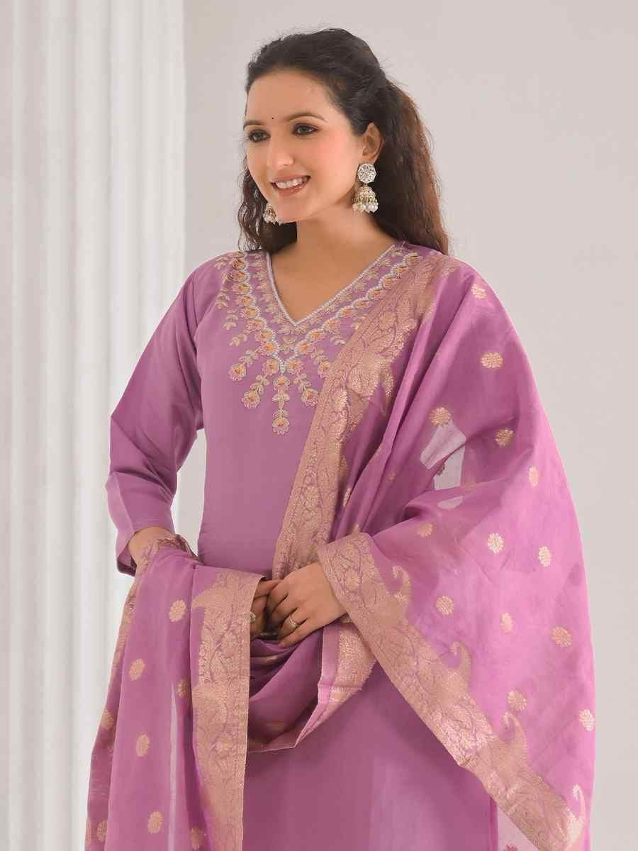 Pink Viscose Chanderi Embroidered Festival Casual Ready Pant Salwar Kameez