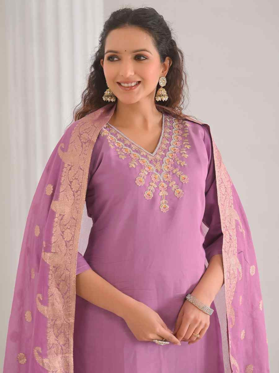 Pink Viscose Chanderi Embroidered Festival Casual Ready Pant Salwar Kameez