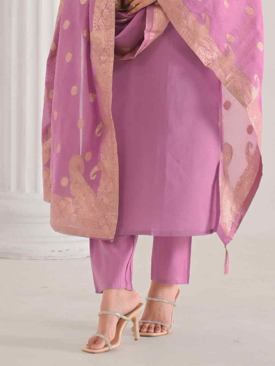 Pink Viscose Chanderi Embroidered Festival Casual Ready Pant Salwar Kameez