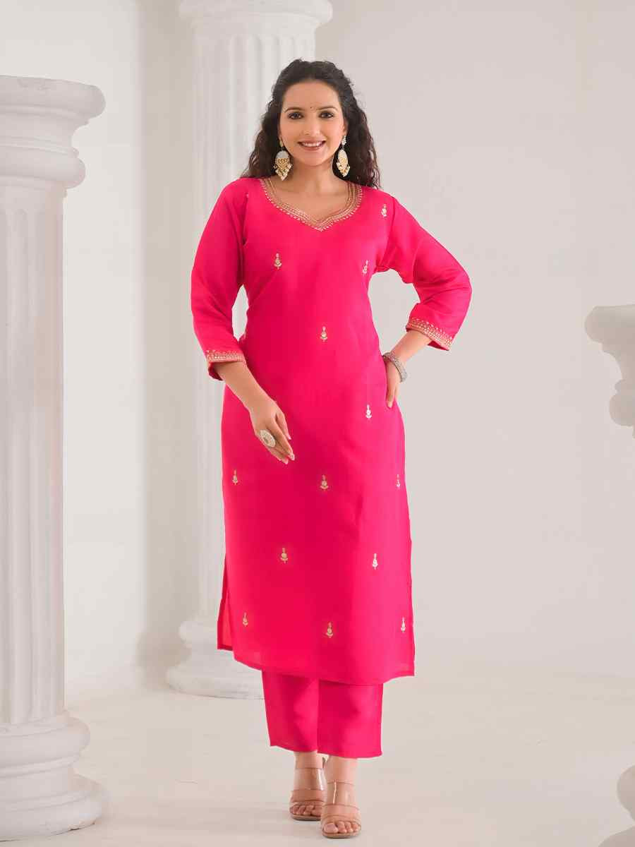 Pink Viscose Chanderi Embroidered Festival Casual Ready Pant Salwar Kameez