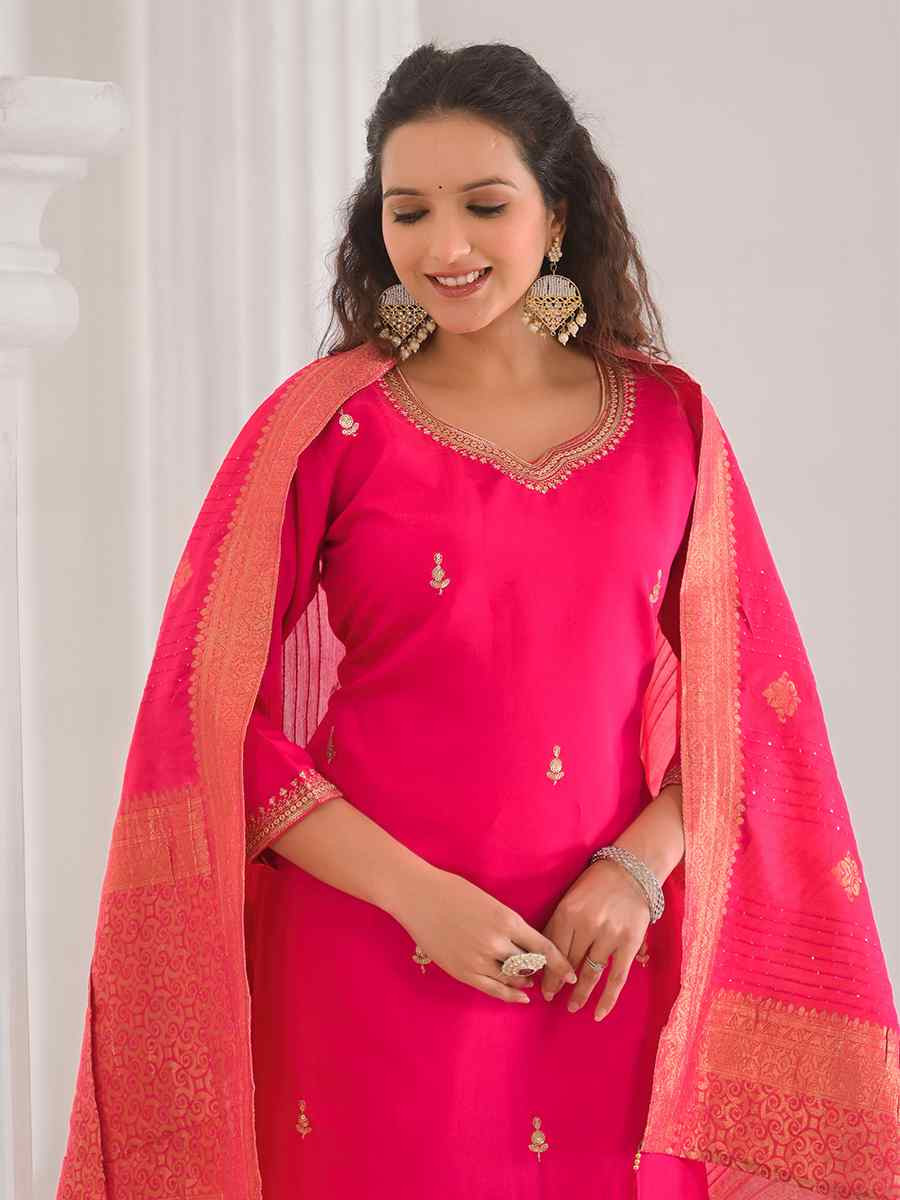 Pink Viscose Chanderi Embroidered Festival Casual Ready Pant Salwar Kameez