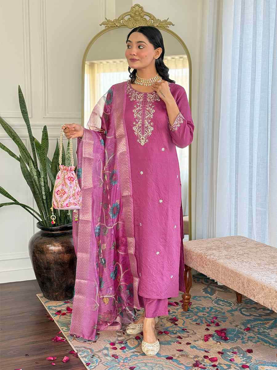 Pink Viscose Chanderi Embroidered Festival Casual Ready Pant Salwar Kameez