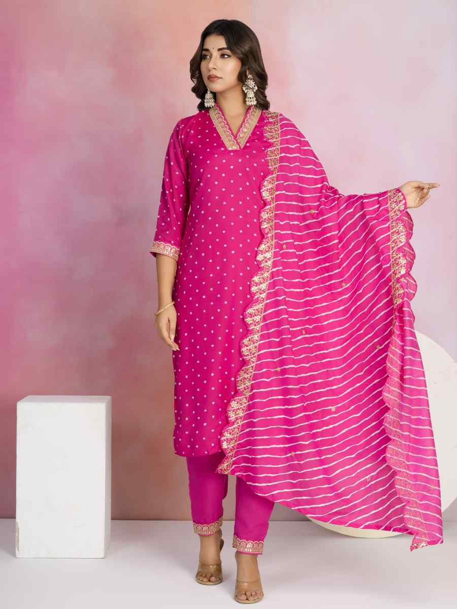 Pink Viscose Chanderi Embroidered Festival Casual Ready Pant Salwar Kameez