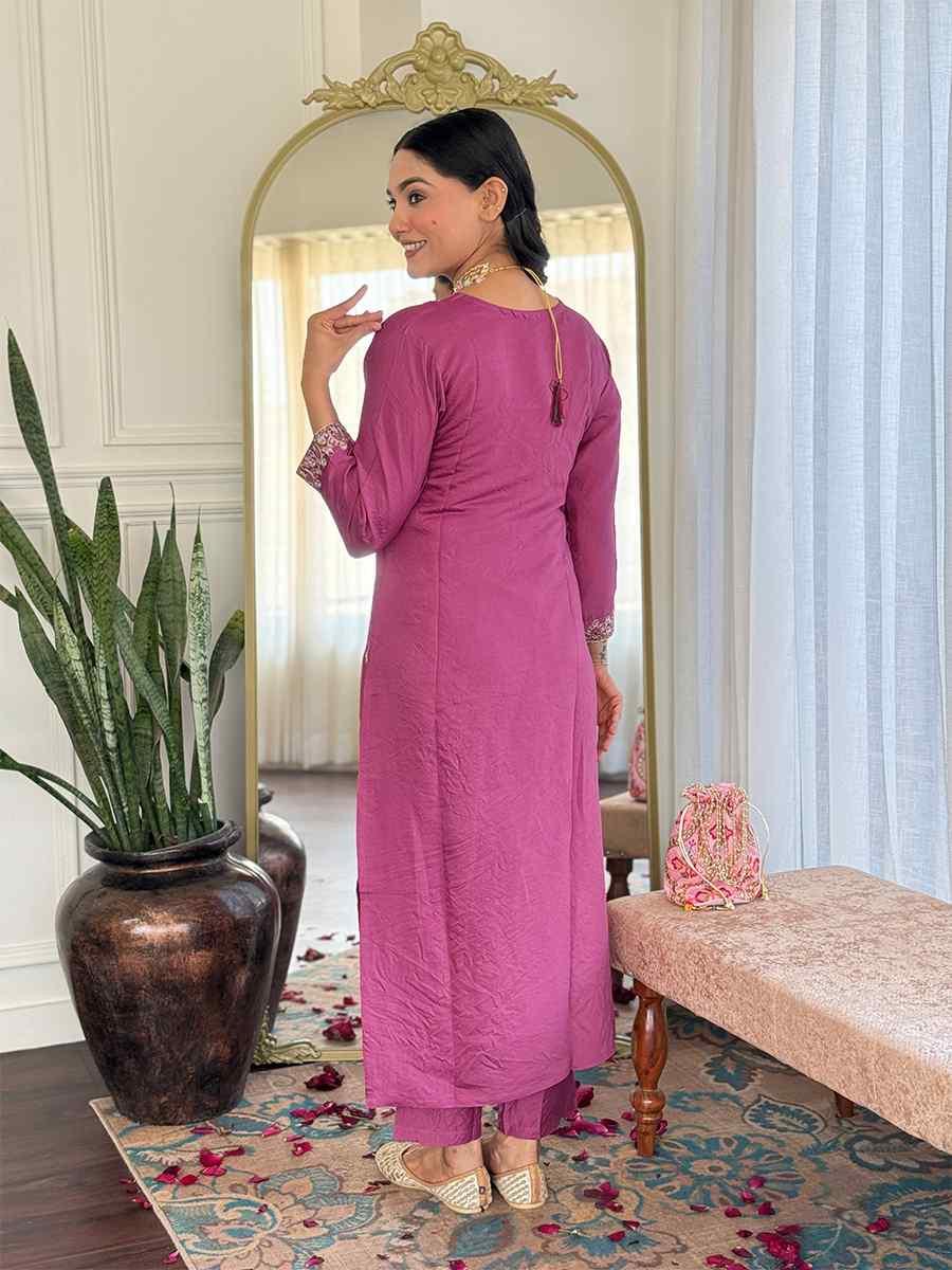 Pink Viscose Chanderi Embroidered Festival Casual Ready Pant Salwar Kameez