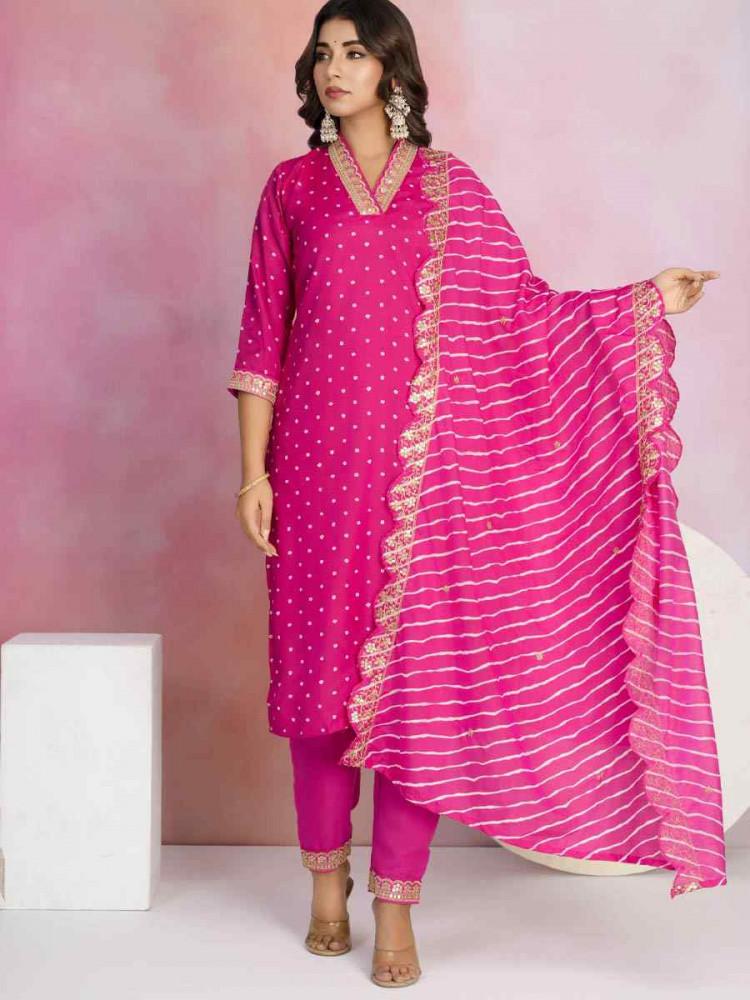 Pink Viscose Chanderi Embroidered Party Wedding Ready Pant Salwar Kameez