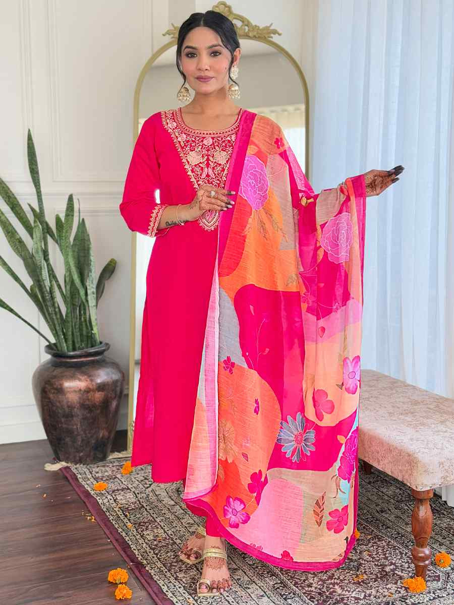 Pink Viscose Chanderi Embroidery Party Wedding Festival Casual Ready Pant Salwar Kameez