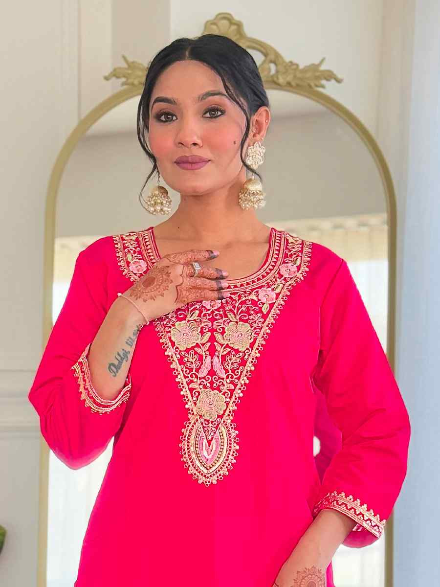 Pink Viscose Chanderi Embroidery Party Wedding Festival Casual Ready Pant Salwar Kameez