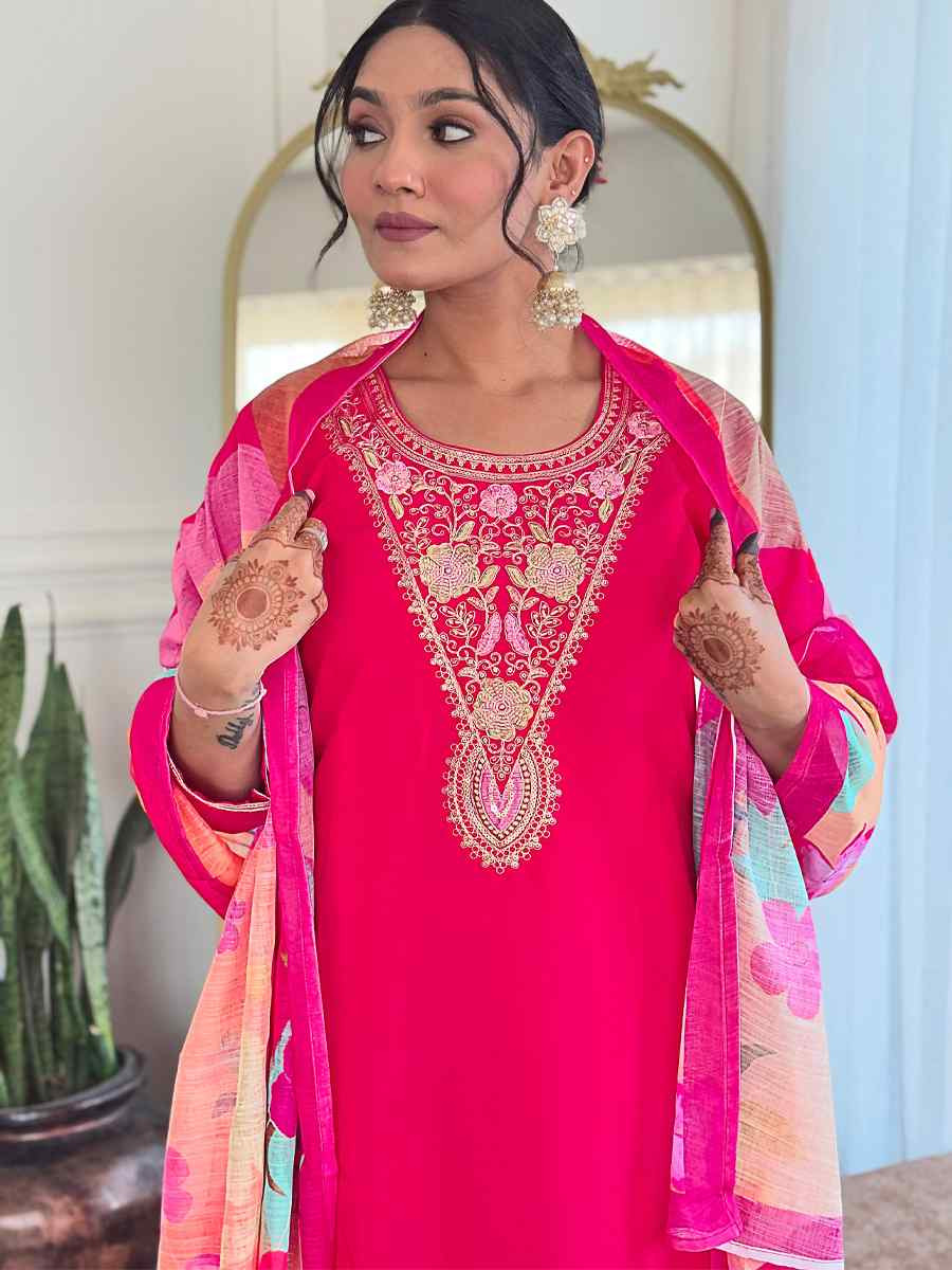 Pink Viscose Chanderi Embroidery Party Wedding Festival Casual Ready Pant Salwar Kameez