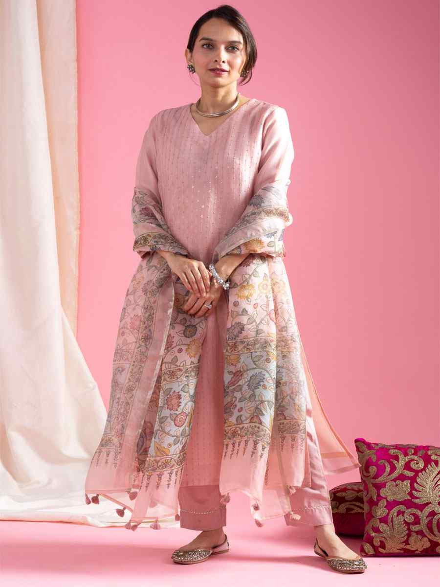 Pink Viscose Chanderi Printed Party Casual Ready Pant Salwar Kameez