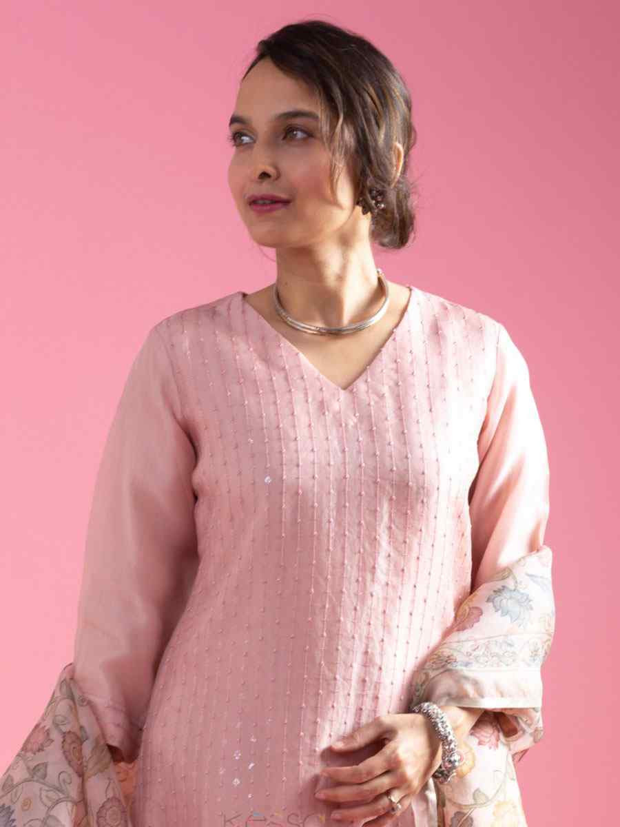Pink Viscose Chanderi Printed Party Casual Ready Pant Salwar Kameez