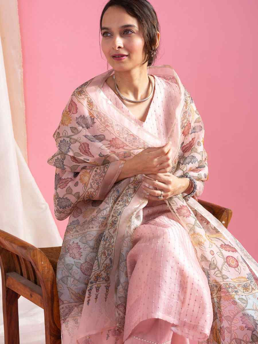 Pink Viscose Chanderi Printed Party Casual Ready Pant Salwar Kameez