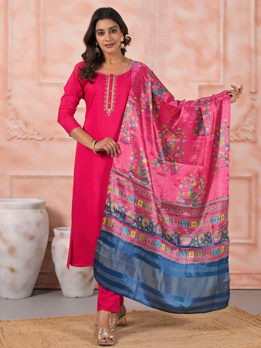 Pink Viscose Embroidered Party Casual Ready Pant Salwar Kameez