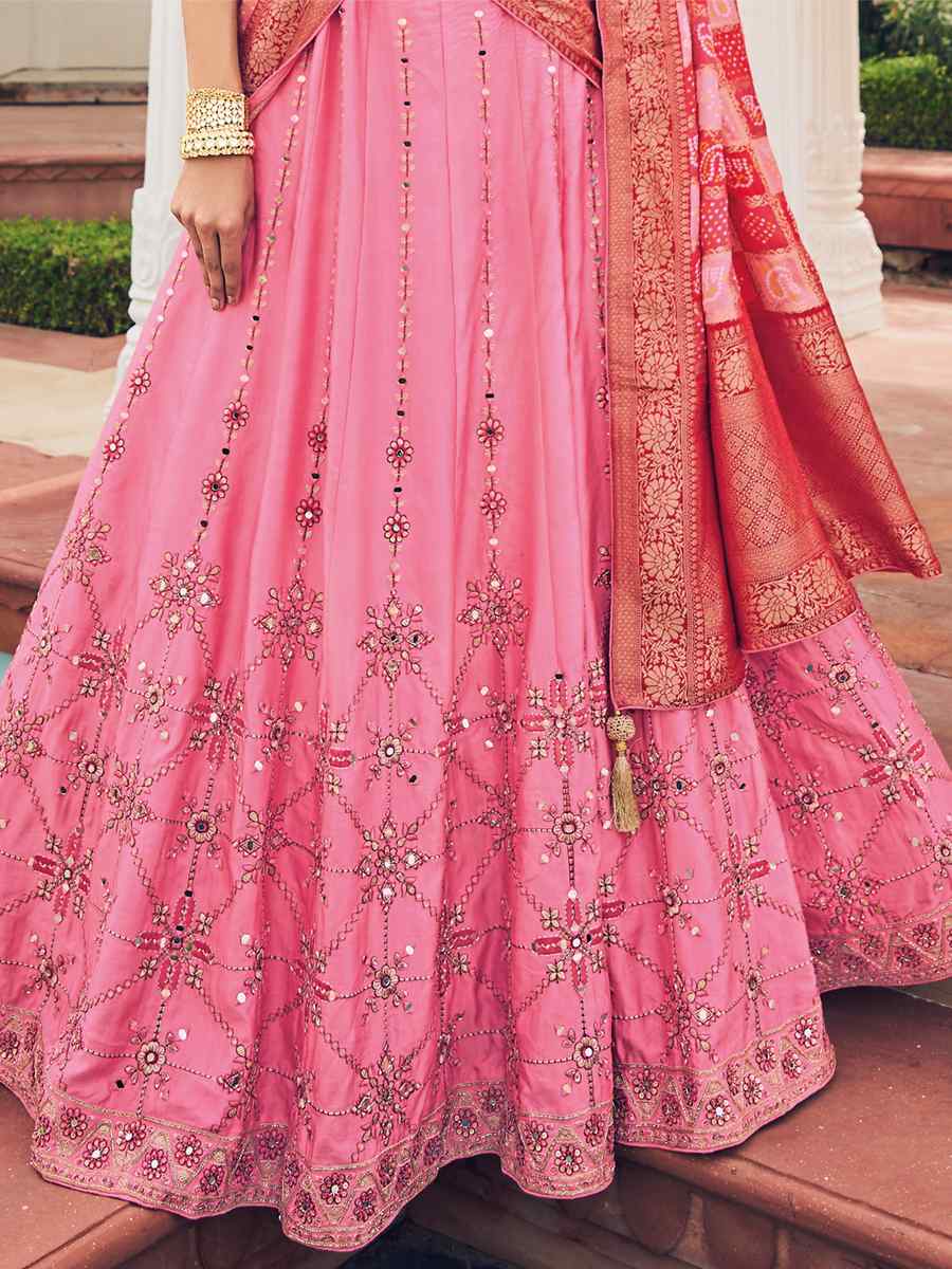 Pink Viscose Embroidered Reception Party Wear Heavy Border Lehenga Choli